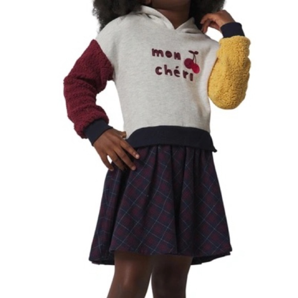 French Connection Mon Cheri Sherpa Sleeve Hoodie Dress Plaid Skirt sz 5 / 6